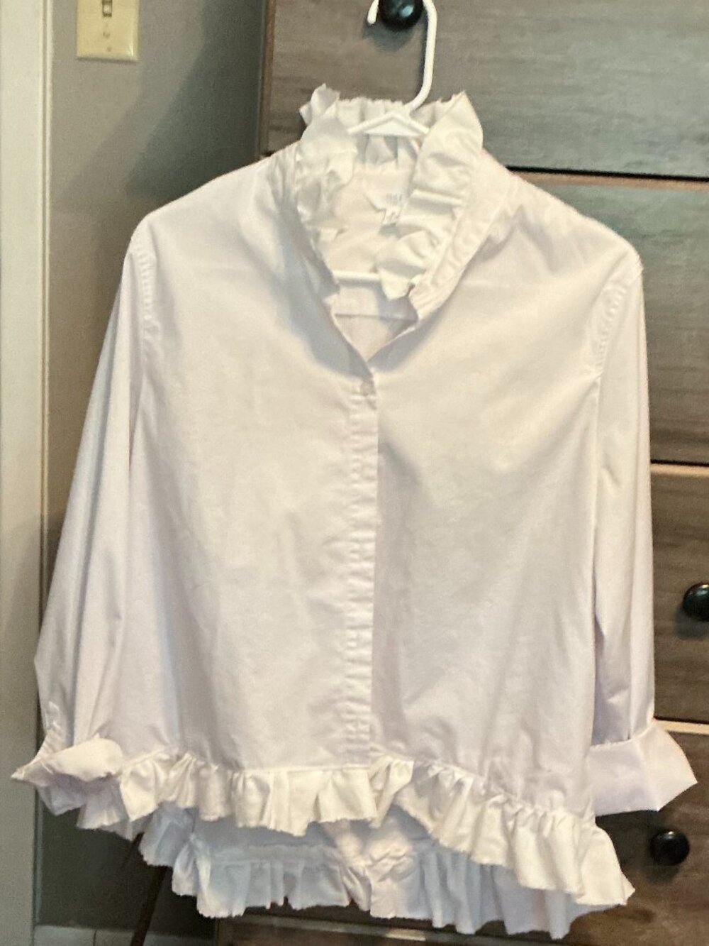 Women's size 16/18 Upcycled cotton shirt - White with ruffles on neck and hem